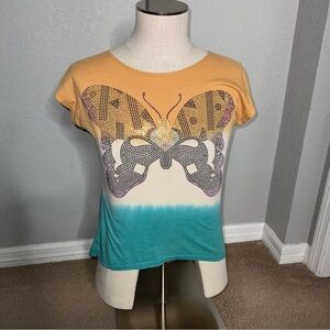 signarelli butterfly shirt Y2K rhinestone multi color shirt small